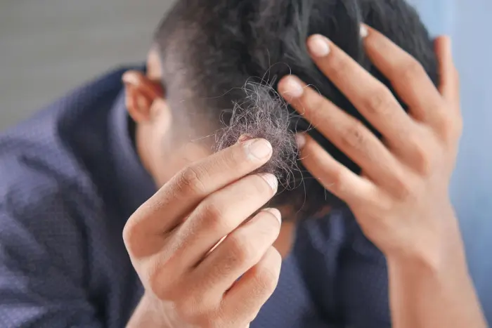 a man holding hair from hair loss